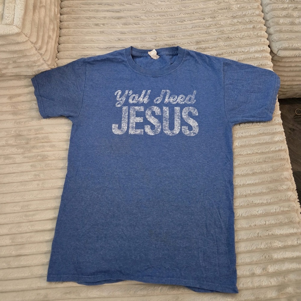 Fruit of the Loom HD Cotton "Y'all Need Jesus" Blue Distressed Graphic T-Shirt S